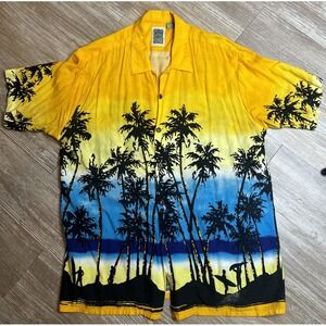 Ocean Current Shirt Mens Med V-Neck Hawaiian Island Palm Scene Rayon Button Up